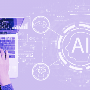 Artificial intelligence logo and custom imagery with a person's hands working at a laptop.