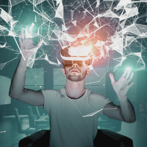 Graphically enhanced photo of man wearing VR goggles with digitally done graphics enhancing his image.