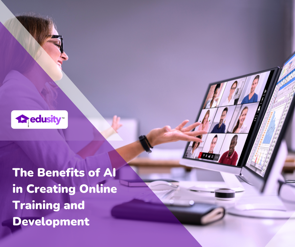 Image of a female talking to a laptop screen filled with people during a virtual training. The text says: Five benefits of AI in creating online training and development