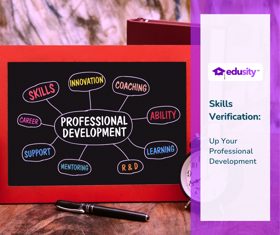 Image of a chalkboard with the text professional development. Includes title of blog: Skills verification: Up your professional development