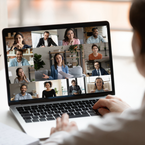 Person on a laptop looking at a virtual meeting